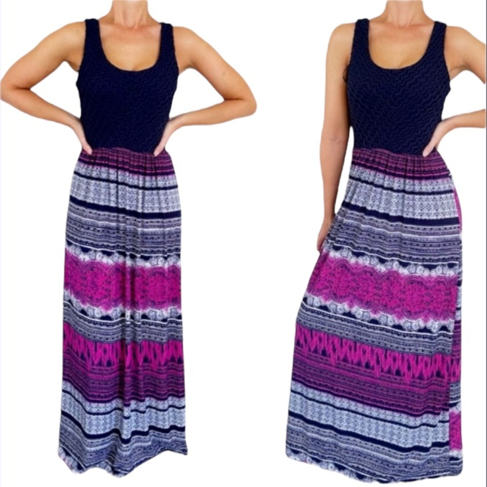 Fifth & Park blue pink lace tribal print full length sleeveless maxi dress XS